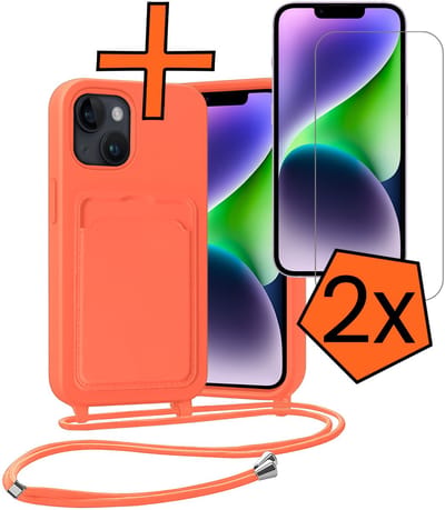 Hoesje Geschikt voor iPhone 13 Hoesje Met Telefoonketting Pasjeshouder Case Met 2x Screenprotector Koord - Hoesje Geschikt voor iPhone 13 Hoes Met Kaarthouder - Papaya