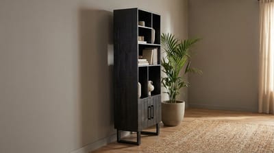 Boekenkast Modern Santos Industrial 74x40x190 cm – Mangohout Zwart Hout met Zwart Metalen Frame – Design Opbergkast met 2 Deuren – House&Garden