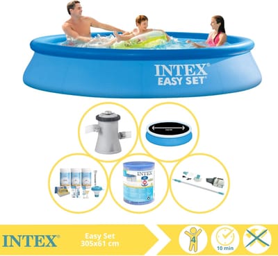 Intex Rond Opblaasbaar Easy Set Zwembad - 305 x 61 cm - Blauw - Inclusief Pomp - Solarzeil - Onderhoudspakket - Filter - Stofzuiger - 6-delig