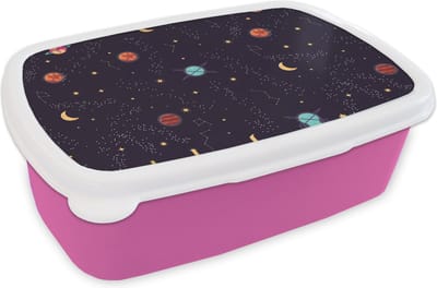 Broodtrommel Roze - Lunchbox - Brooddoos - Planeten - Sterren - Patronen - 18x12x6 cm - Kinderen - Meisje