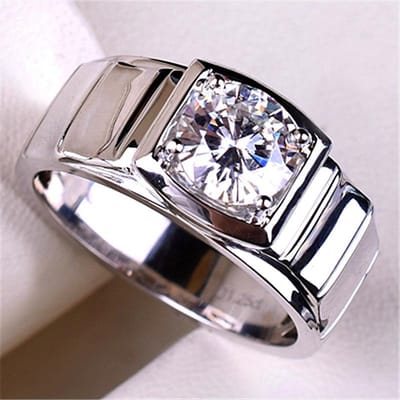 Bague pour homme ajustable en imitation diamant Mosan Plaqué Platine 18 carats Monture à quatre griffes Design trapézoïdal soigné Bagues populaires pour hommes Resizable gray