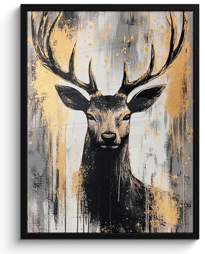 Poster in lijst - Fotolijst 50x70 cm - Posters - Abstract - Hert - Gewei - Goud - Posterlijst zwart - Decoratie - Wanddecoratie woonkamer - Muurdecoratie slaapkamer