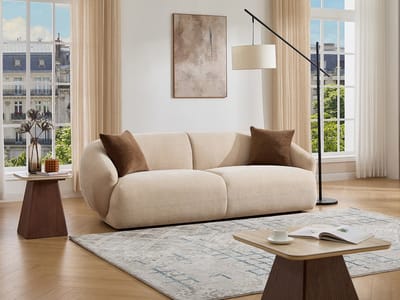 Vente-unique Driezitsbank in getextureerde beige stof MIBASTO