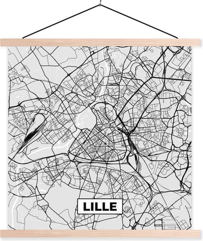 Posterhanger incl. Poster 40x40 cm - Schoolplaat - Kaart - Stadskaart - Frankrijk - Lille - Plattegrond - Textielposter - Blanke latten - Stadskaart