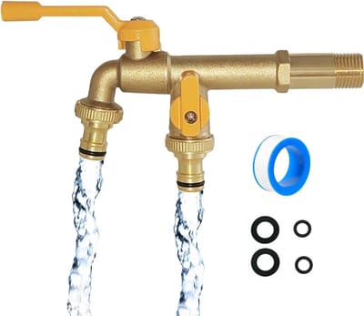 Dubbele Tuin Kraan met 1/2 Inch Inlaat en 2 x 3/4 Inch Uitgang, RVS Messing Tuinsplitter voor Buitengebruik en Huishoudelijk Gebruik