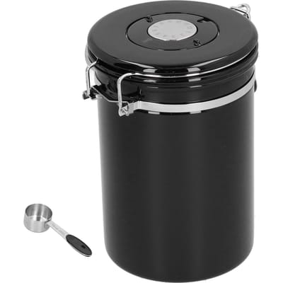 Boîte à café avec valve d'échappement, récipient de stockage hermétique en acier inoxydable avec cuillère, argent noir