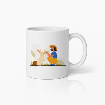 Schattige Vrouw met Konijn Natuur Mok – Charmante Buitenshuis Dieren Keramische Koffiebeker – Perfect Cadeau voor Dierenliefhebbers – 330ml