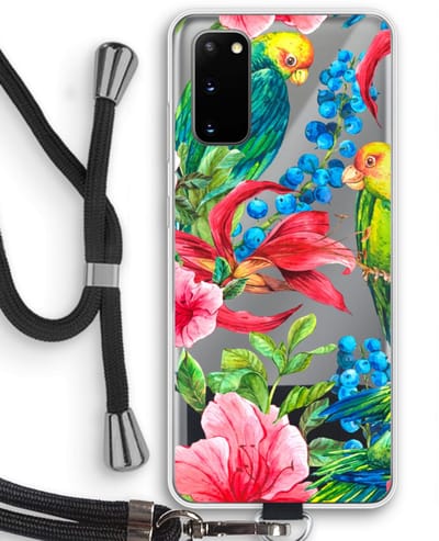 Case Company® - Hoesje met koord geschikt voor Samsung Galaxy S20 hoesje met Koord - Papegaaien - Telefoonhoesje met Zwart Koord - Bescherming aan alle Kanten en Over de Schermrand