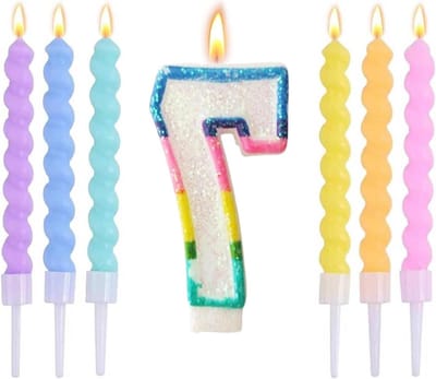 Verjaardagskaarsen voor de 7e verjaardag, regenboogcake, met 6 spiraalkaarsen, voor meisjes en jongens, jubileum, feest, verjaardag