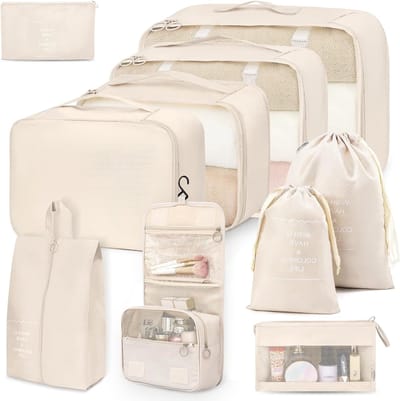 10 Stuks Inpakzakken voor Koffers, Waterdichte Organizers voor Reizen, Ideaal voor Bagage en Handbagage, Beige