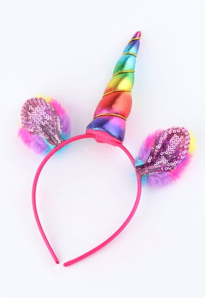 KIMU® Eenhoorn Haarband Regenboog Pluche Roze - Unicorn Diadeem Met Oortjes - Gekleurde Hoorn Nepbont Rainbow Lollipop Pailletten Festival