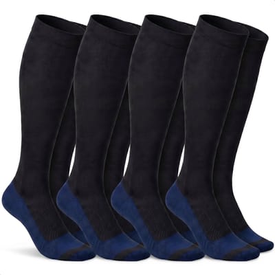 Alyze Compressie kousen - 4 paar - Maat 39-42 - Hoog - Sokken voor mannen & vrouwen - Steunkousen - Hardlopen, Vliegtuig, Bed - Zwart + Blauw