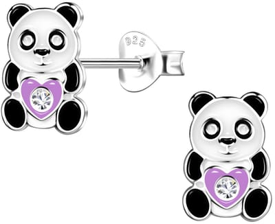 Joy|S - Zilveren Panda oorbellen - 6 x 9 mm - zwart wit met paars hartje - kristal - kinderoorbellen