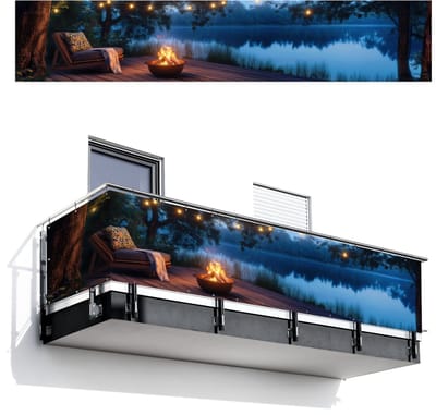 Balkonscherm 500x100 cm - Balkonposter Kampvuur - Meer - Avondlicht - Balkon scherm decoratie - Balkonschermen - Balkondoek zonnescherm