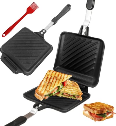 Dubbelzijdige aluminium braadpan - hot sandwich maker pan - toastpan met hittebestendig handvat - anti-aanbaklaag - sandwich maker pan - voor thuis keuken ontbijt - met oliekwast keper. .