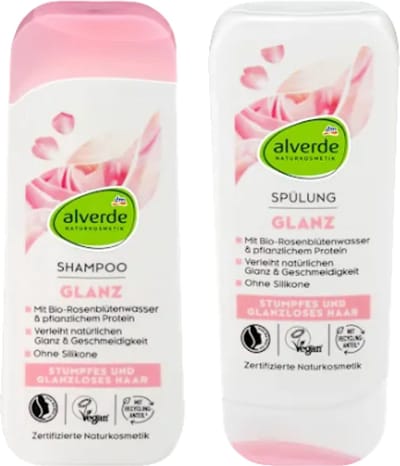 Alverde Naturkosmetik Combiverpakking - Shampoo & Conditioner Glans | 2x 200 ml - Bio-Rozenbloesem & Plantaardige Proteïne | Voor dof en glansloos haar - Siliconenvrij - Vegan Haarshampoo
