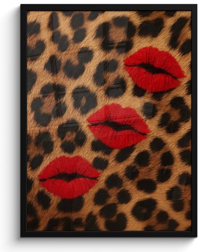 Poster in lijst - Fotolijst 50x70 cm - Posters - Lippen - Drie - Rood - Panterprint - Posterlijst zwart - Decoratie - Wanddecoratie woonkamer - Muurdecoratie slaapkamer