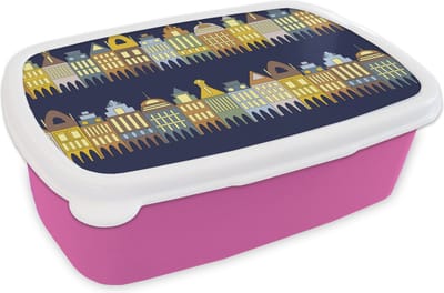 Broodtrommel Roze - Lunchbox - Brooddoos - Patronen - Huizen - Gebouw - 18x12x6 cm - Kinderen - Meisje