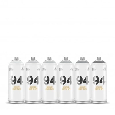 MTN94 spuitbussen pakket - 6x Neutrale grijstinten - Lage druk, matte afwerking graffiti spuitverf - 400ml