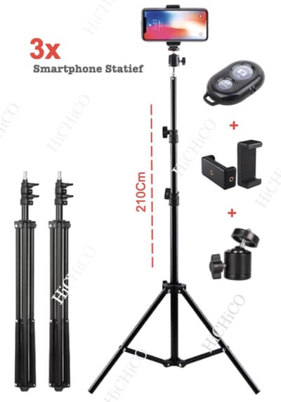 HiCHiCO® Smartphone Statief 2m Hoog Voor Fotocamera en Smartphone en Spiegelreflexcamera - Camerastatief - Tripod 3Pcs