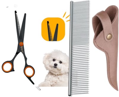 Professionele Uitdunschaar voor Honden – Rechtshandig – RVS Effileerschaar / Coupeschaar – Ideaal voor Dikke & Langharige Vachten met Luxe Lederen Etui – 16,5 cm – Brons + Anti-Klit Kam – Pijnloos & Huisdiervriendelijk