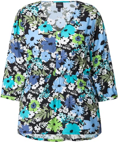 Ulla Popken - Dames - Blouse bloemen A-lijn V-hals 3/4-mouwen - Zwart - Maat 42+