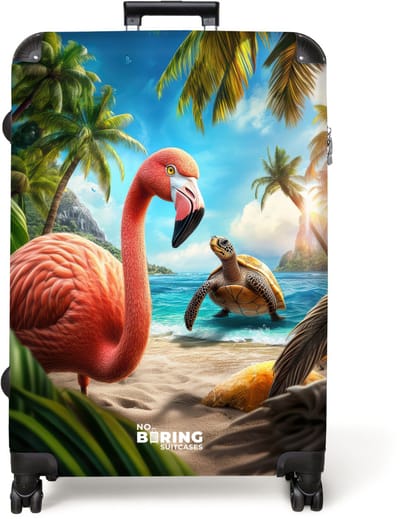 NoBoringSuitcases.com® - Koffer groot - Reiskoffer lichtgewicht - Flamingo en schildpad op tropisch strand - Rolkoffer met 4 wielen - Grote trolley XL - 98 liter bagage