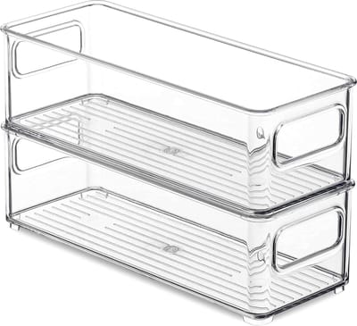 Famanu - Koelkast-organizer, set van 2, stapelbare keukenkastjes, kleine koelkastdozen met handgreep, transparante doos voor in de keuken, kasten, vriezer, voorraadkast, 25,5 x 10 x 7,5 cm