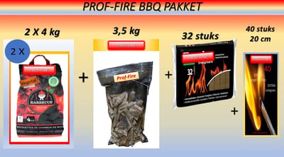 Prof-Fire - BBQ Pakket - 8 kg Professionele BBQ Briketten - 3,5 Kg Aanmaakhout - 32 Bruine Aanmaakblokjes - 40 XL Lucifers 20 cm - Eco vriendelijk - Lange Brandduur - BBQ - Kamado - Vuurschaal