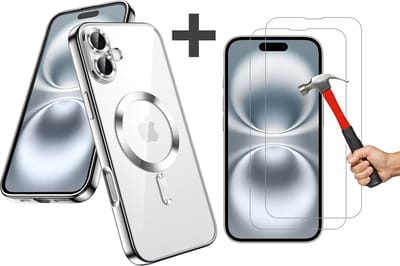 Hoesje met 2 Stuks Screenprotectors Geschikt voor iphone 16 Hoesje - Geschikt voor MagSafe - Arara siliconen Backcover - Zilver