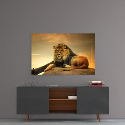 Glasschilderij - Leeuw - Gehard glas - Wanddecoratie - Modern Art - 72 x 46 cm