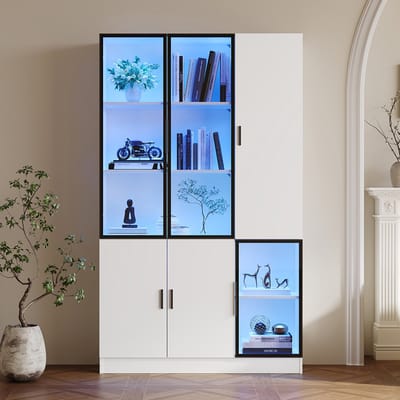 Pugsdrly Glazen vitrinekast Deur 200 cm hoog Vitrinekast met ledverlichting, MultiStorage boekenrek voor verzameling Slaapkamer Woonkamer Kantoor, Kast met glazen deur met aluminium frame