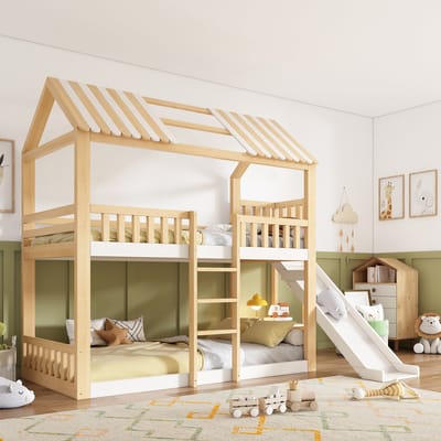 MODFU Stapelbed 90x200 cm – Met zadeldak & glijbaan – Opbergplank – EN747 – Grenenhout – Wit/naturel