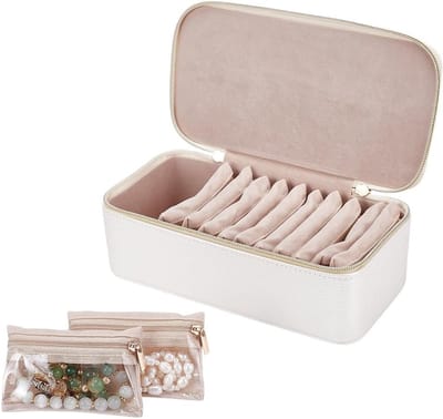 Sieradendoos met Tassen Set 23,5 x 11,7 x 8,4 cm - Witte Reissieraden Organizer met 12 Fluwelen Zakjes voor Kettingen, Ringen en Oorbellen Bescherming en Opberging