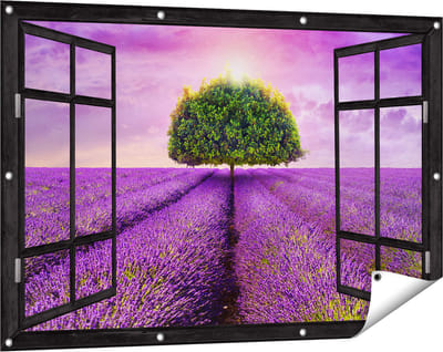 Gards Tuinposter Doorkijk Groene Boom in de Lavendel Bloemen - 120x80 cm - Tuindoek - Tuindecoratie - Wanddecoratie buiten - Tuinschilderij
