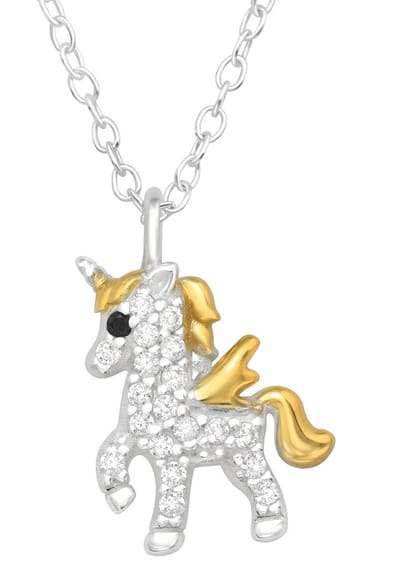Joy|S - Zilveren eenhoorn paard hanger - met zirkonia's - goudkleur gold plated manen en staart - inclusief ketting 39 cm (extra oogje bij 36 cm)