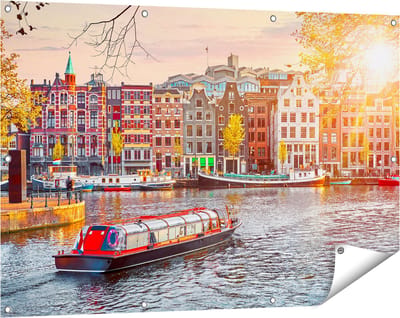 Gards Tuinposter Amsterdamse Huisjes vanaf de Grachten - 120x80 cm - Tuindoek - Tuindecoratie - Wanddecoratie buiten - Tuinschilderij