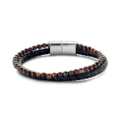 Frank 1967 7FB-0543 Leren Armband - Heren - 2 Strengen - Gevlochten Leer - Rood Tijgeroog Kralen - 4 mm Doorsnee - Leder - 21 cm - Extra Schakel in Slot - Zwart - Donker Bruin - Zilverkleurig