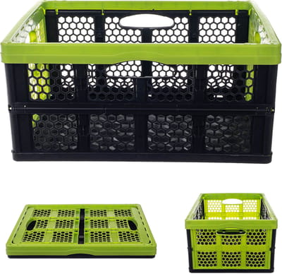 KADAX Vouwkist van kunststof, 47 x 34 x 21,5 cm, opvouwbare opbergkist, klapbox met handgrepen, klapmand, vouwdoos, opbergmand voor werkkamer (zwart-groen)