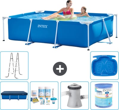 Intex Rechthoekig Frame Zwembad - 220 x 150 x 60 cm - Blauw - Inclusief Afdekzeil - Onderhoudspakket - Zwembadfilterpomp - Filter - Ladder - Voetenbad - 7-delig