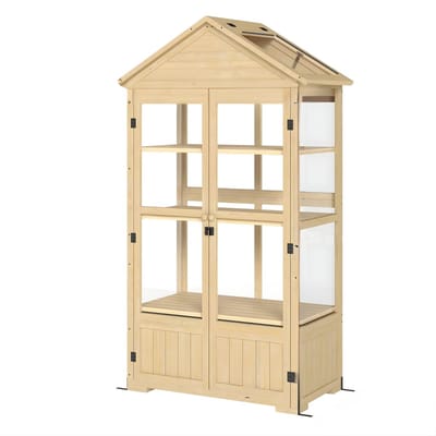 Houten Kweekkas – Afsluitbare Cold Frame met 4 Niveaus – Mini Kas voor Planten en Zaailingen – Natuurlijke Houtkleur