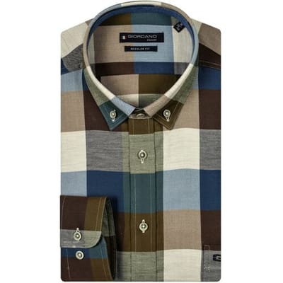 Giordano Overhemd Ivy Button Down Brushed Twill Large Check Donkergroen-Multi / male