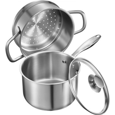 VEVOR Kookpot Grote Capaciteit 2,37 L met Glazen Deksel & Stoomlaag, Soeppan Groentepan met Ergonomische Handgreep, Melkpan Gemaakt van Roestvrij Staal Groentepan Zilver Vaatwasmachinebestendige Sauspan