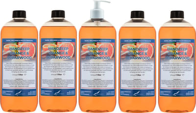 Handzeep Sweet Orange & Cedarwood 1 liter - set van 5 stuks - met gratis pomp - Voordeelverpakking