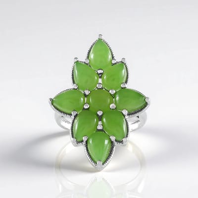 Cavill - Zilveren Ring met Canadese Jade 8,851 ct - 925 Sterling Zilver Geplatineerd - Bloemblad Design Elegante Groene Cabochon Statement Ring