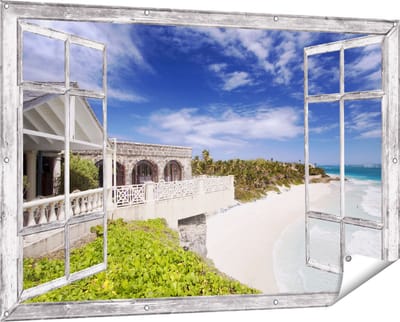 Gards Tuinposter Doorkijk Het Strandhuis - 150x100 cm - Tuindoek - Tuindecoratie - Wanddecoratie buiten - Tuinschilderij