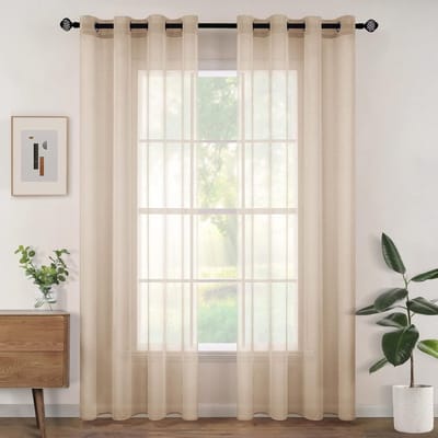 Set van 2 transparante gordijnen met ringen, semi-transparante binnengordijnen voor slaapkamer, woonkamer, huis, 140x200 cm, beige