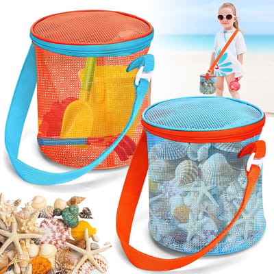 Kinderstrandtas - Tas voor het verzamelen van strandschelpen - Strandnettas - Opbergtas voor strandschelpen/speelgoed - Grote capaciteit - Essentiële strandspeelgoedtas - 2 stuks - Blauw en oranje