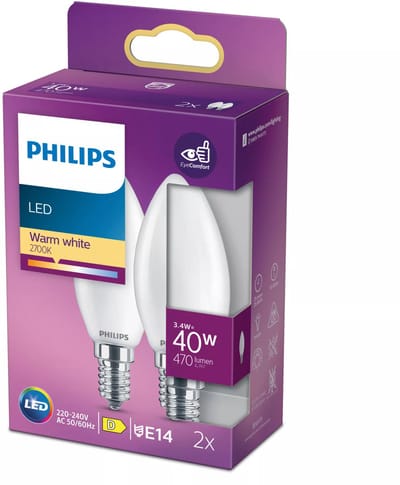 Philips LED 77769200 LED-lamp Energielabel F (A - G) E14 Kaars 4.3 W = 40 W Warmwit (Ø x l) 3.5 cm x 9.7 cm 2 stuk(s)