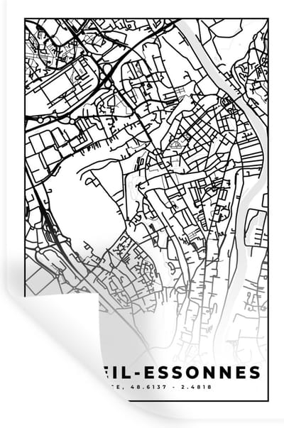 Muurstickers - Sticker Folie - Kaart - Corbeil-Essonnes - Stadskaart - Frankrijk - Plattegrond - Zwart wit - 20x30 cm - Plakfolie - Muurstickers Kinderkamer - Zelfklevend Behang - Zelfklevend behangpapier - Stickerfolie